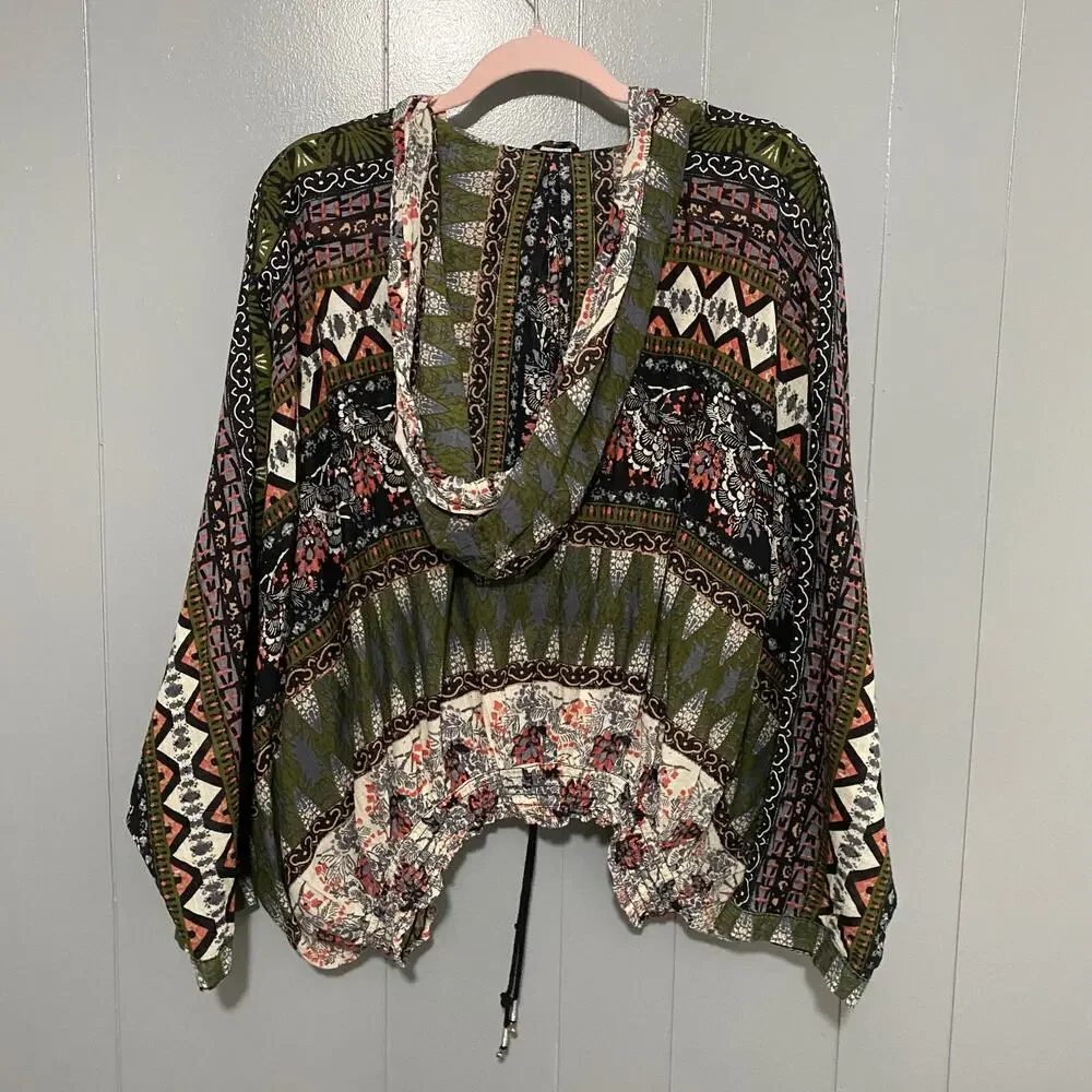 Free People Black Aztec Print Hold On Tight Gauze Hooded Oversized Top XS/S